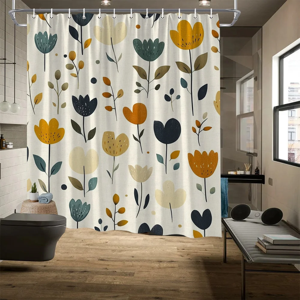

Floral Seamless Pattern Shower Curtain - Modern Polyester, Mustard Yellow, Sage Green & Navy Blue Design, Fade-Resistant