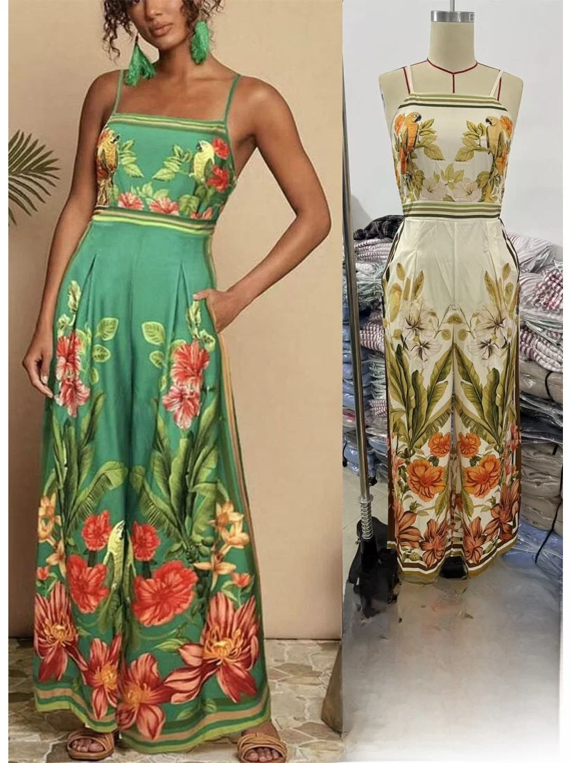 

Comfortable Bohemian Print Halter Wide Leg Jumpsuit Women's Spring Summer Fashionable Holiday Style High Waist Long Pants
