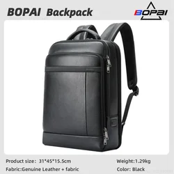 BOPAI Upgraded Men Genuine Leather Backpack Waterproof USB Charging First Layer Cowhide Laptop Backpack Travel Business BackPack