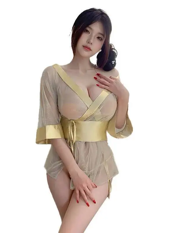 Robe Kimono transparente et brillante, Sexy, fine, décolleté en V profond, ouvert sur le devant, demi-manches, charmante, pur désir, Style boîte de nuit, QS2X