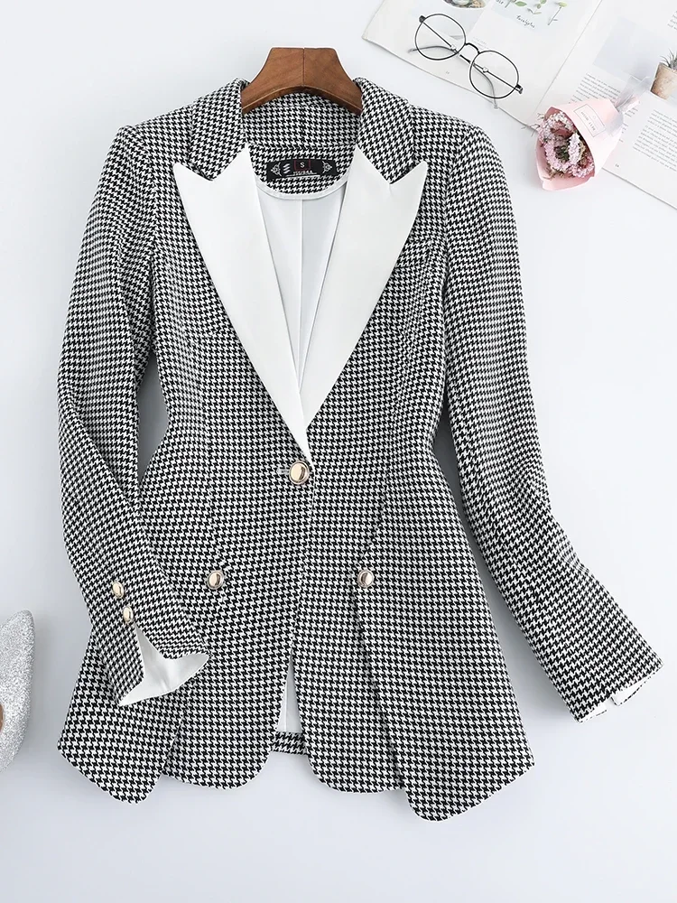 Gray Plaid Office Ladies Blazer Jacket Women Long Sleeve Single Button Female Formal Coat For Autumn Winter