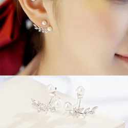 Delicate Front and Back Pearls Zircon Crystal Leaf Ear Jackets Women Wedding Engagement Earring Jewelry Gifts for Her