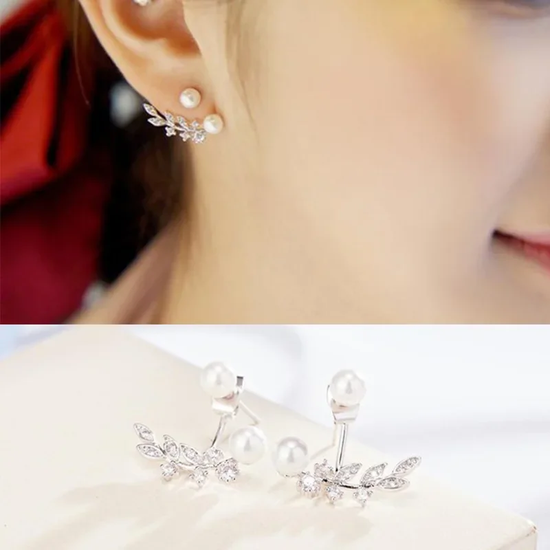 Delicate Front and Back Pearls Zircon Crystal Leaf Ear Jackets Women Wedding Engagement Earring Jewelry Gifts for Her