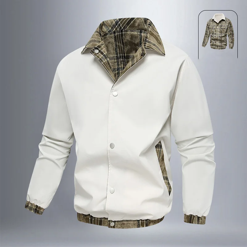 الخريف الرجال سترة الأزياء منقوشة رفض طوق الذكور الوجهين ملابس خارجية واحدة الصدر طويلة الأكمام لينة تنوعا معطف الرجل