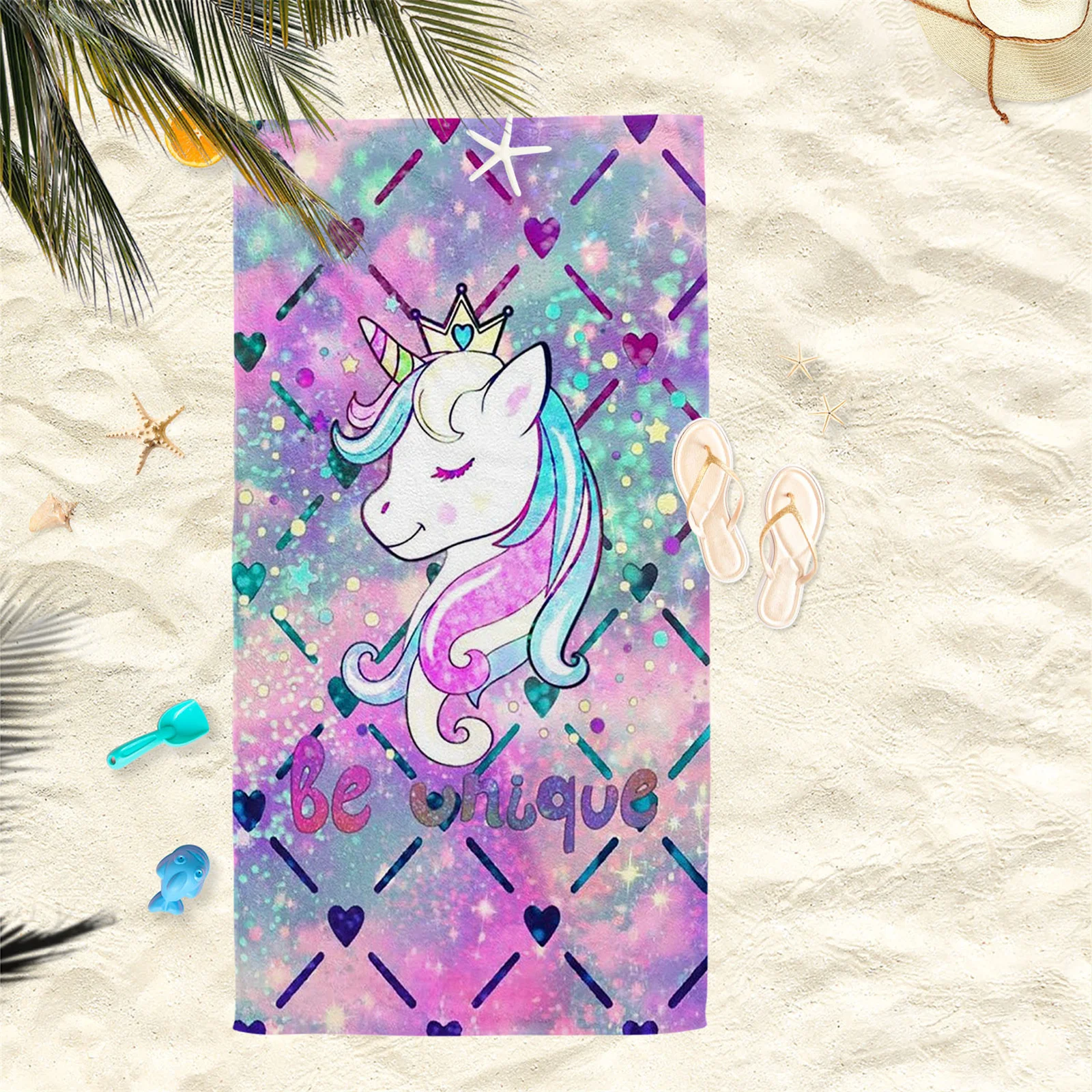 Kawaii Rainbow Unicorn Bath Towel Galaxy Sparkle Heart Pattern Microfiber Quick Dry Beach Towel Kids Girls Swimming Shower Towel
