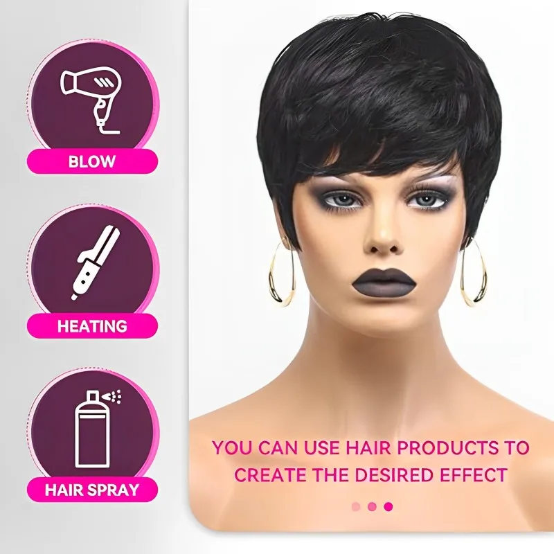 Short Pixie Cut Human Hair Natural Black Remy Human Hair Wig for Black Women Straight Layered Machine Made Cheap Wig