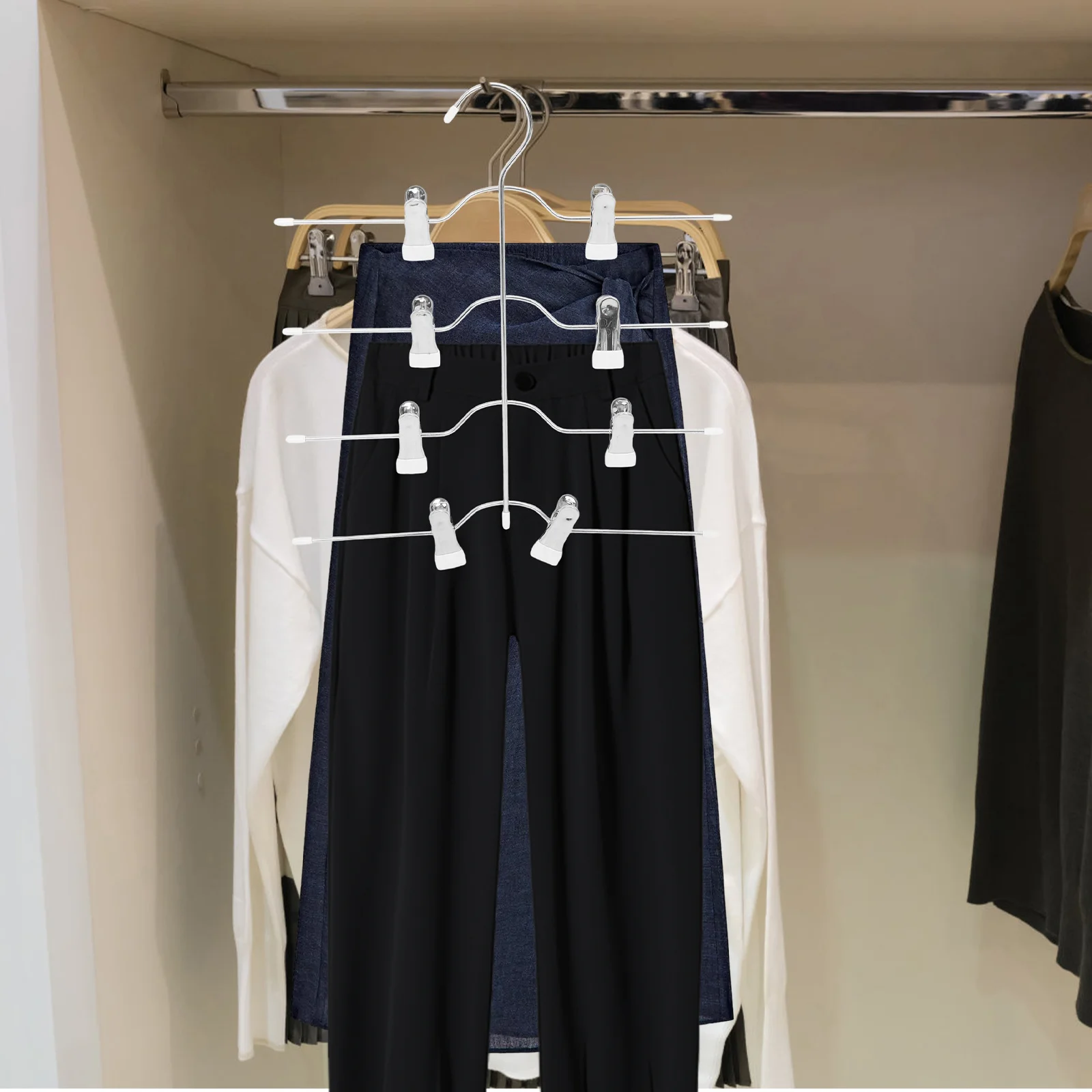 

4Pcs Skirt Hangers Sturdy Pants Hangers Multi-Tier Rotatable Clips Clothes Hanging Organizer Closet Organizers and Storage
