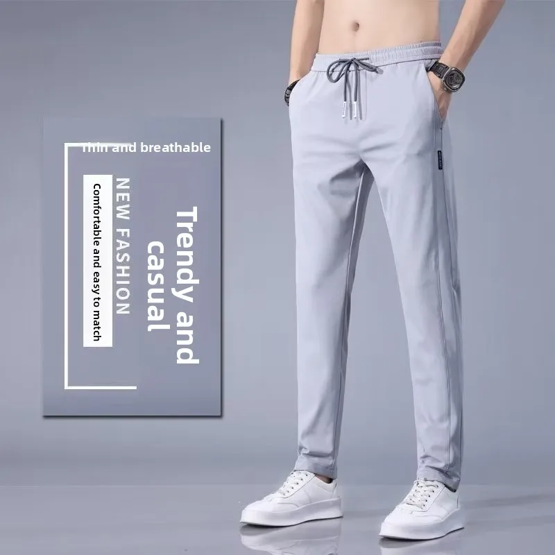 Ice Silk Men's Summer Casual Straight Leg Long Pants Elastic Thin Large Size Youth Versatile Loose Fit Sweatpants