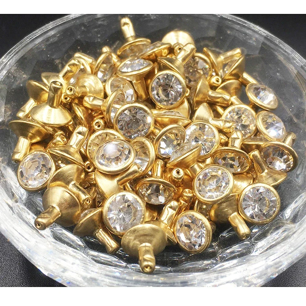 100 Sets 6 & 8mm Shiny Czech Crystal Rhinestone Rivet Metal Base Studs Decoration Findings For Clothing Bag Leathercraft