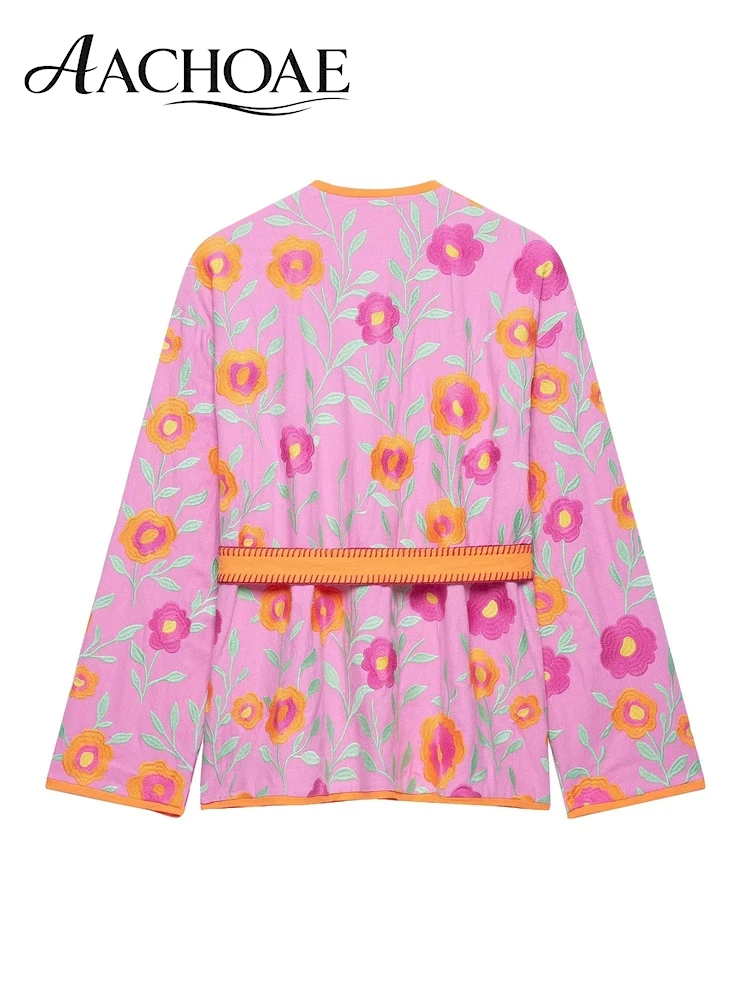 AACHOAE Women's Floral Embroidered Wrap Jacket V Neck Tie Waist Cardigan Boho Long Sleeve Open Front Coat Outerwear