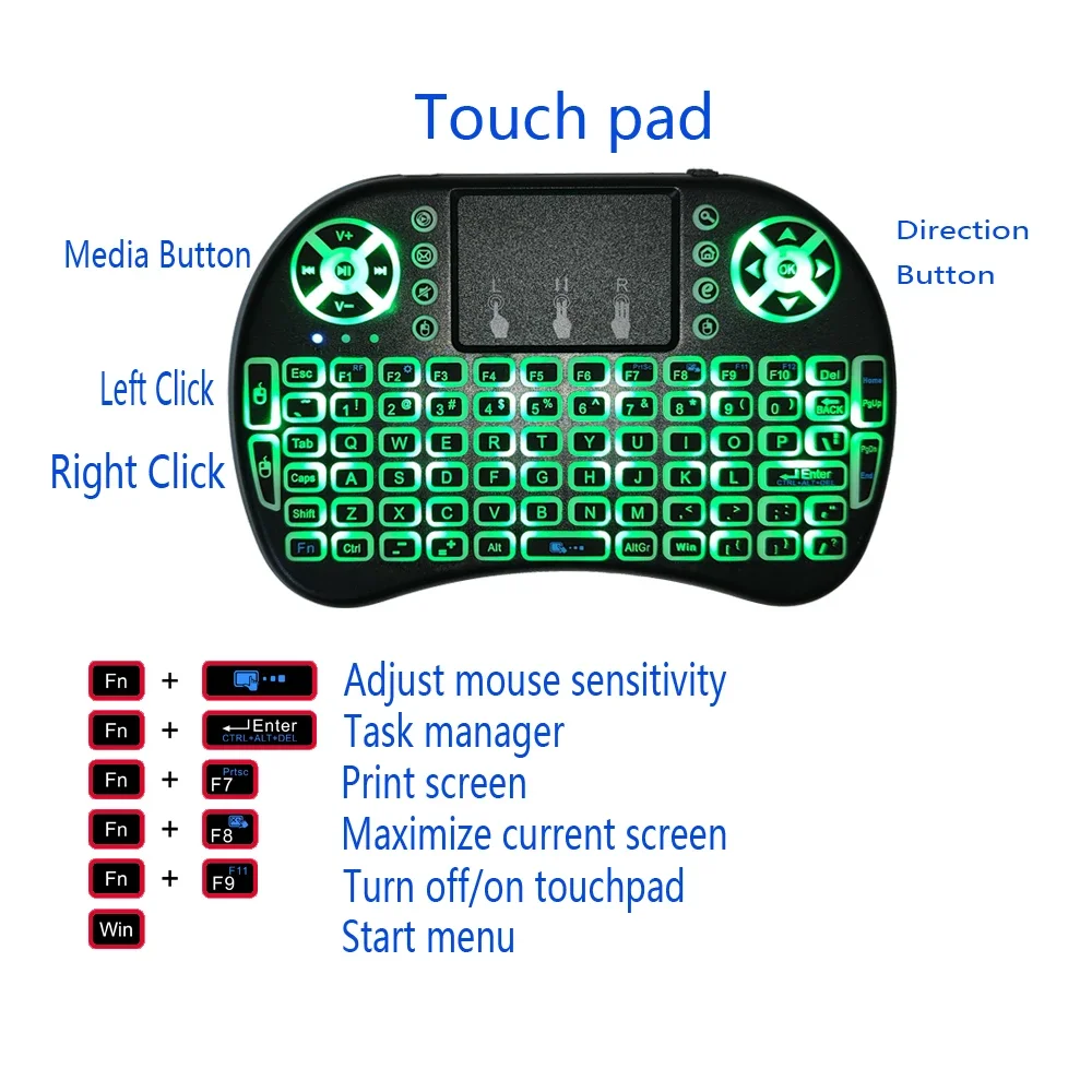 I8 Mini Wireless Keyboard Backlight 7 Color 2.4G Touchpad for Android TV Box PC Projector Pad