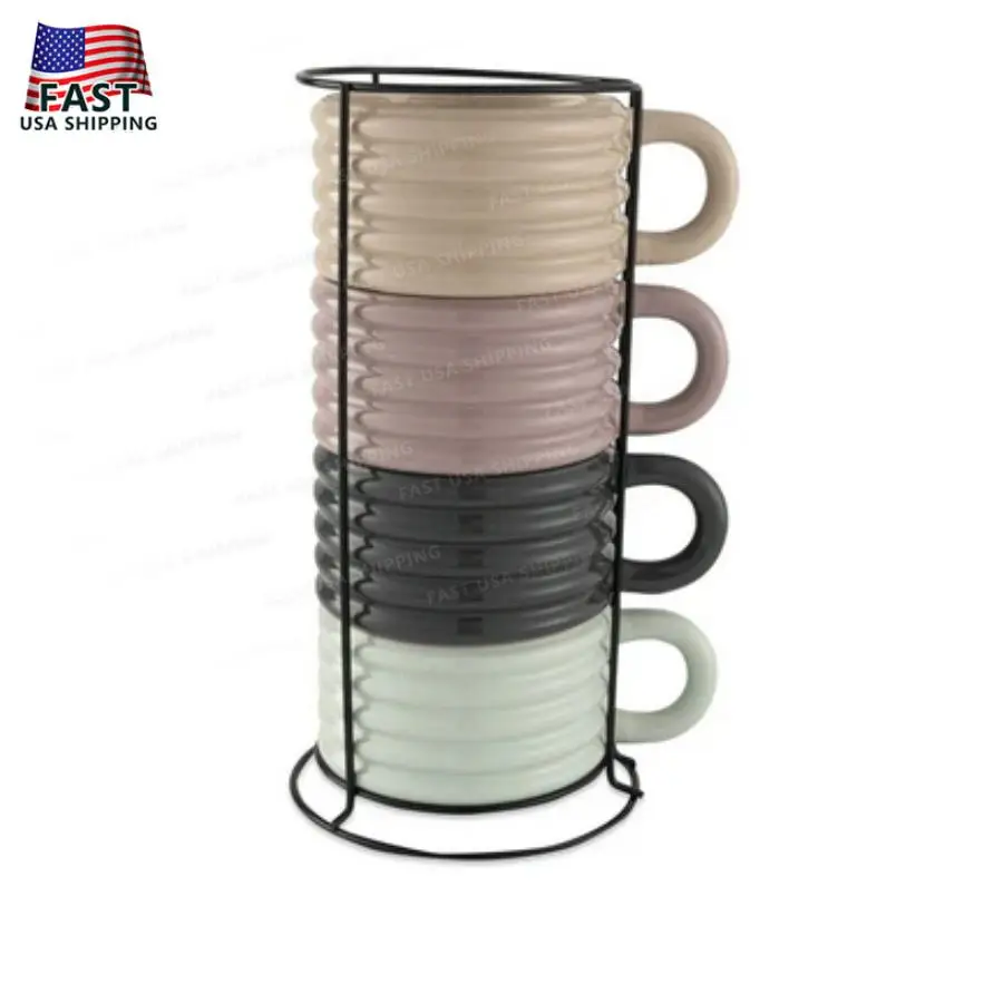 

Thyme and Table 4-piece Ceramic Ribbed Stackable Mug Set with Rack 12 fl oz
