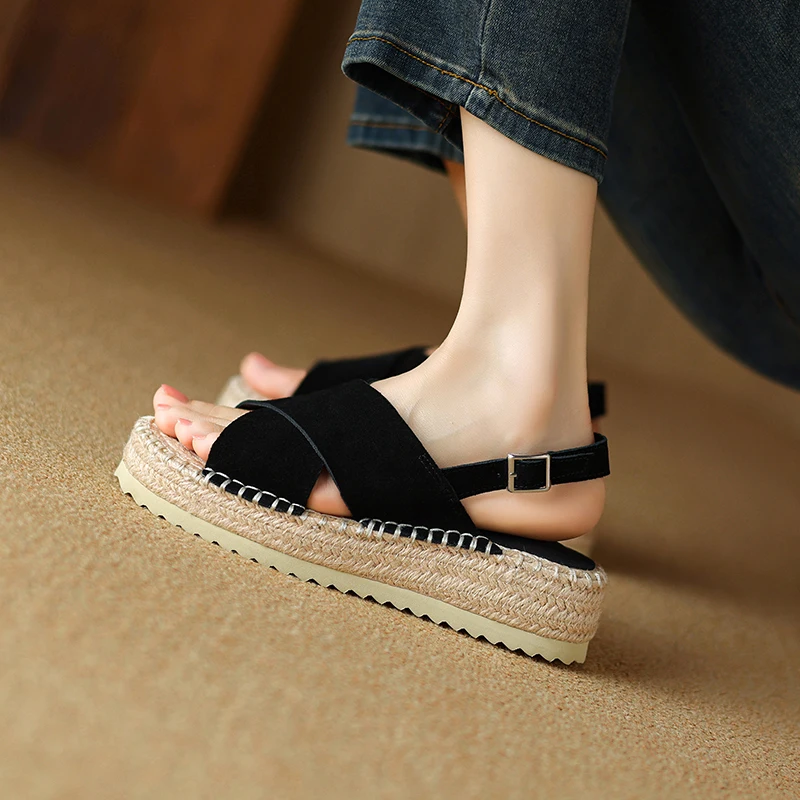 Petite Feet donna espadrillas T-Strap sandali Lady Platform Black Khaki Cow Suede Open Toe Dress Shoes Plus Size 43 SmallHut-908