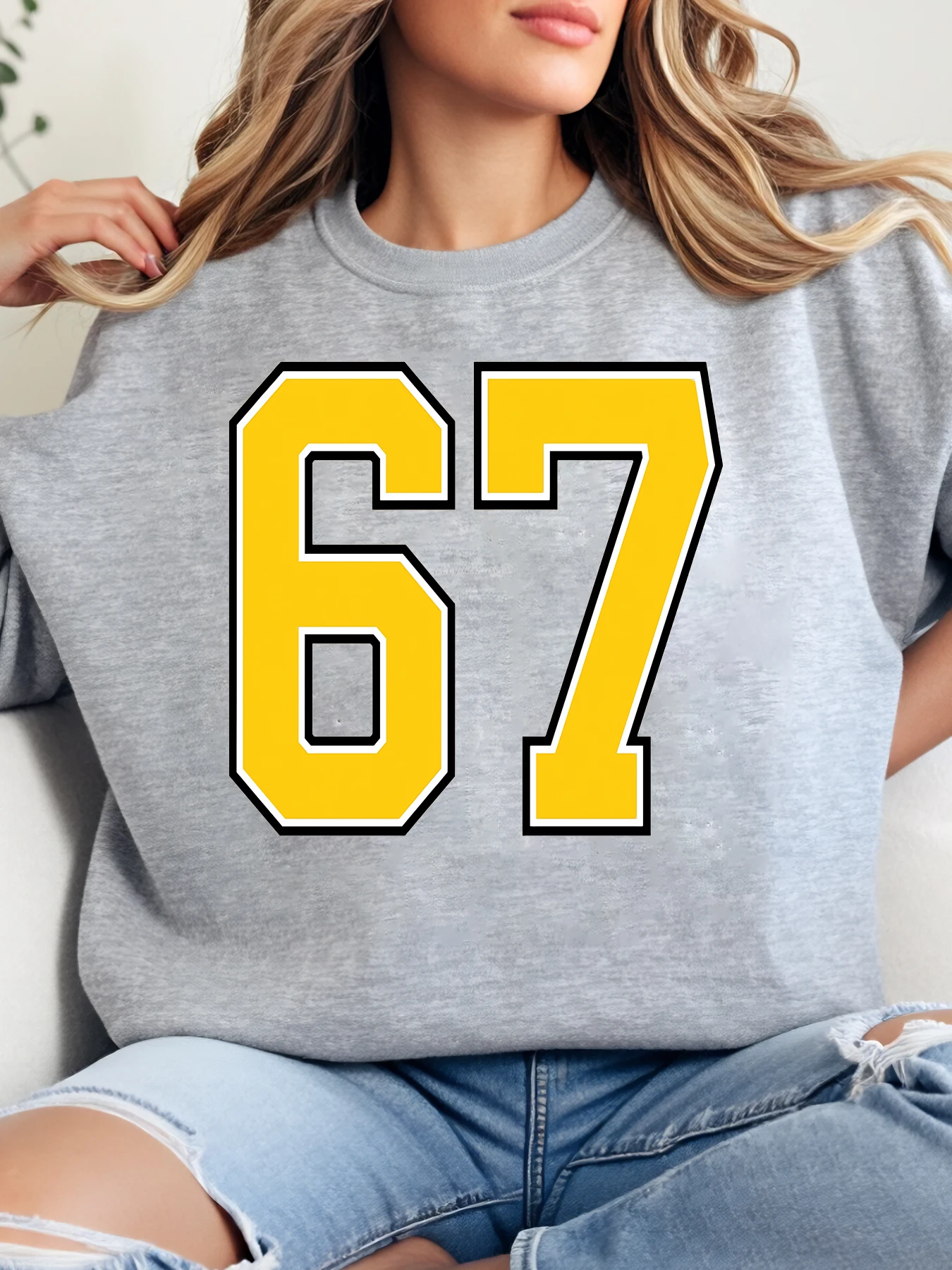 

Номер 67, подарок на день рождения, свитшот с круглым вырезом, женская повседневная одежда, серый, больших размеров