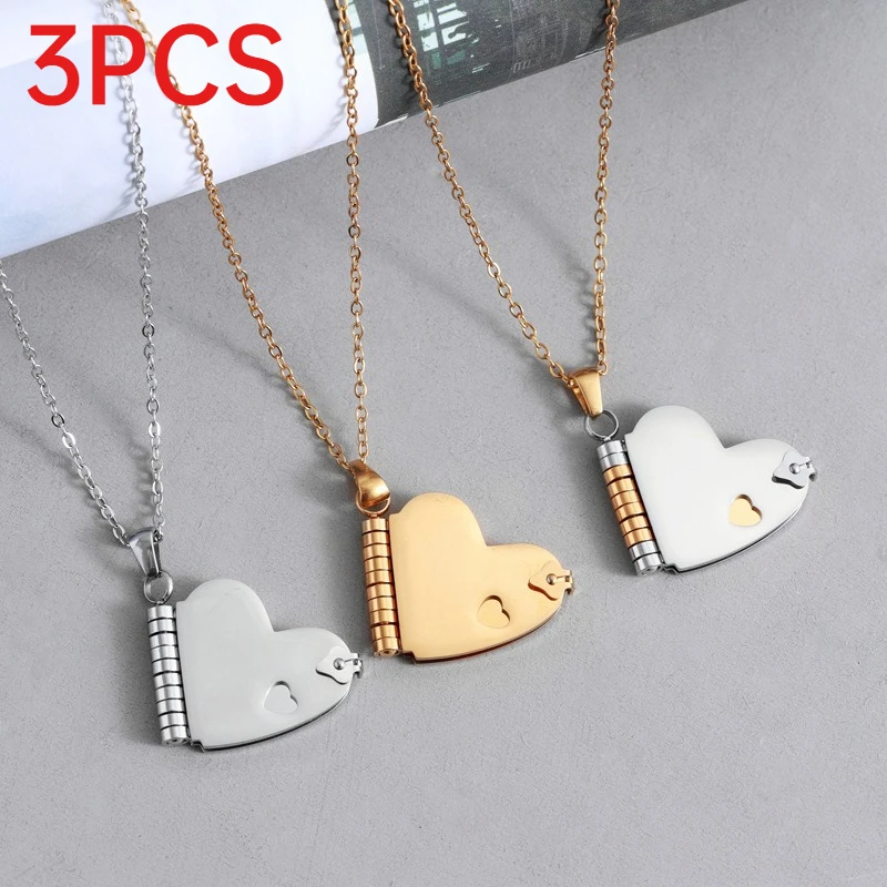 3Pcs Light Luxury Stainless Steel Heart-shaped Book Necklace For Women Can Be Opened A Couple's Holiday Gift For Commemoration