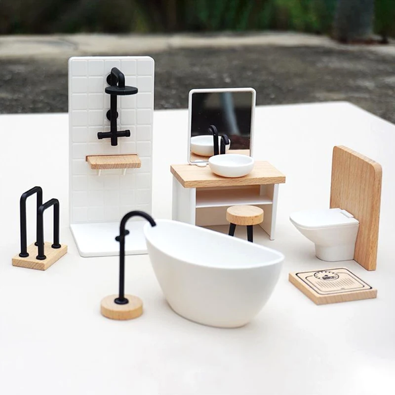 Juego de baño en miniatura para casa de muñecas, ducha, inodoro, bañera, lavabo, muebles de tocador, decoración, juguete, accesorios para casa de muñecas, 1:12