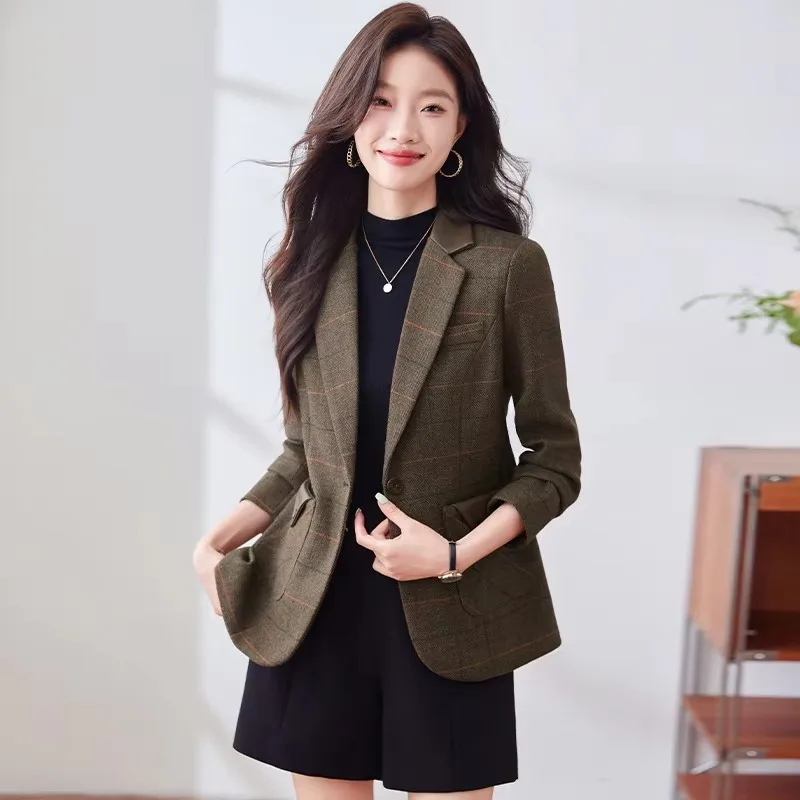 Insozkdg Koreanischer Stil, britischer karierter Anzug mit langen Ärmeln, Jacken für Damen, 2024, Herbst und Winter, neue Pendlermode, Einzelknopfjacke