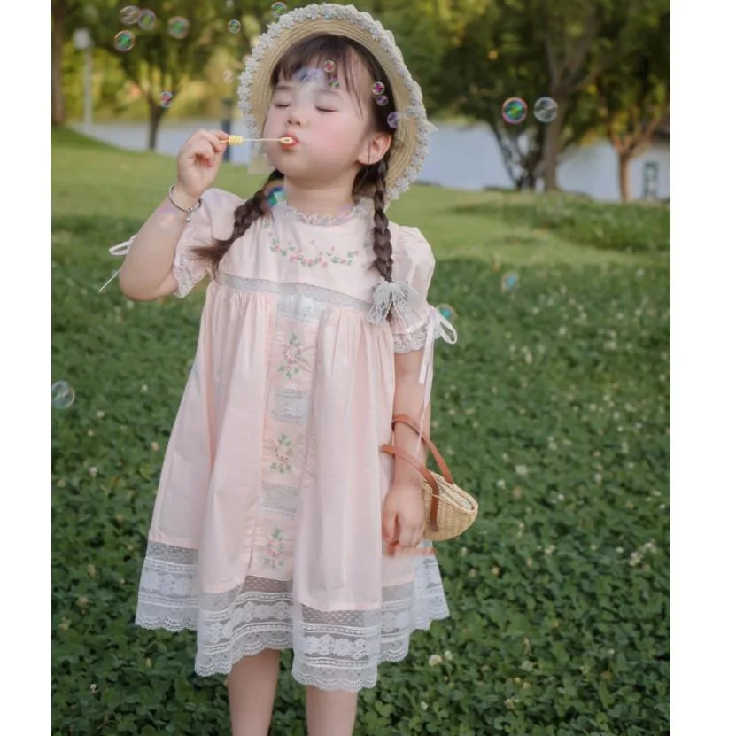 

Baby Flower Embroidery Lace Design Frock Children's Spanish Boutique Clothing Handmade Smoked Girl's Dress For Eid A2465