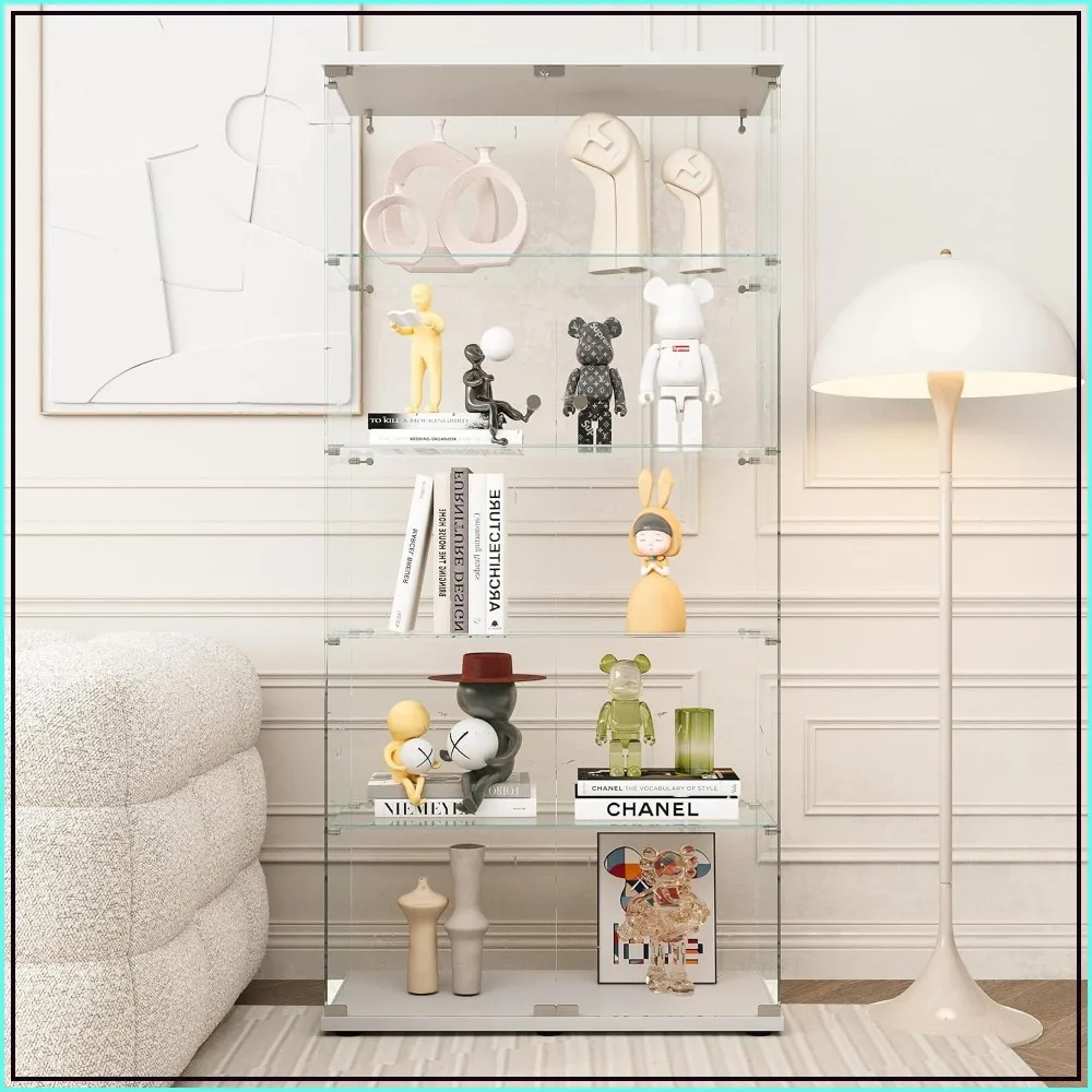 Curio Cabinet with Tempered Glass Doors 5-Shelf Double Door Display Cabinet White for Collectibles