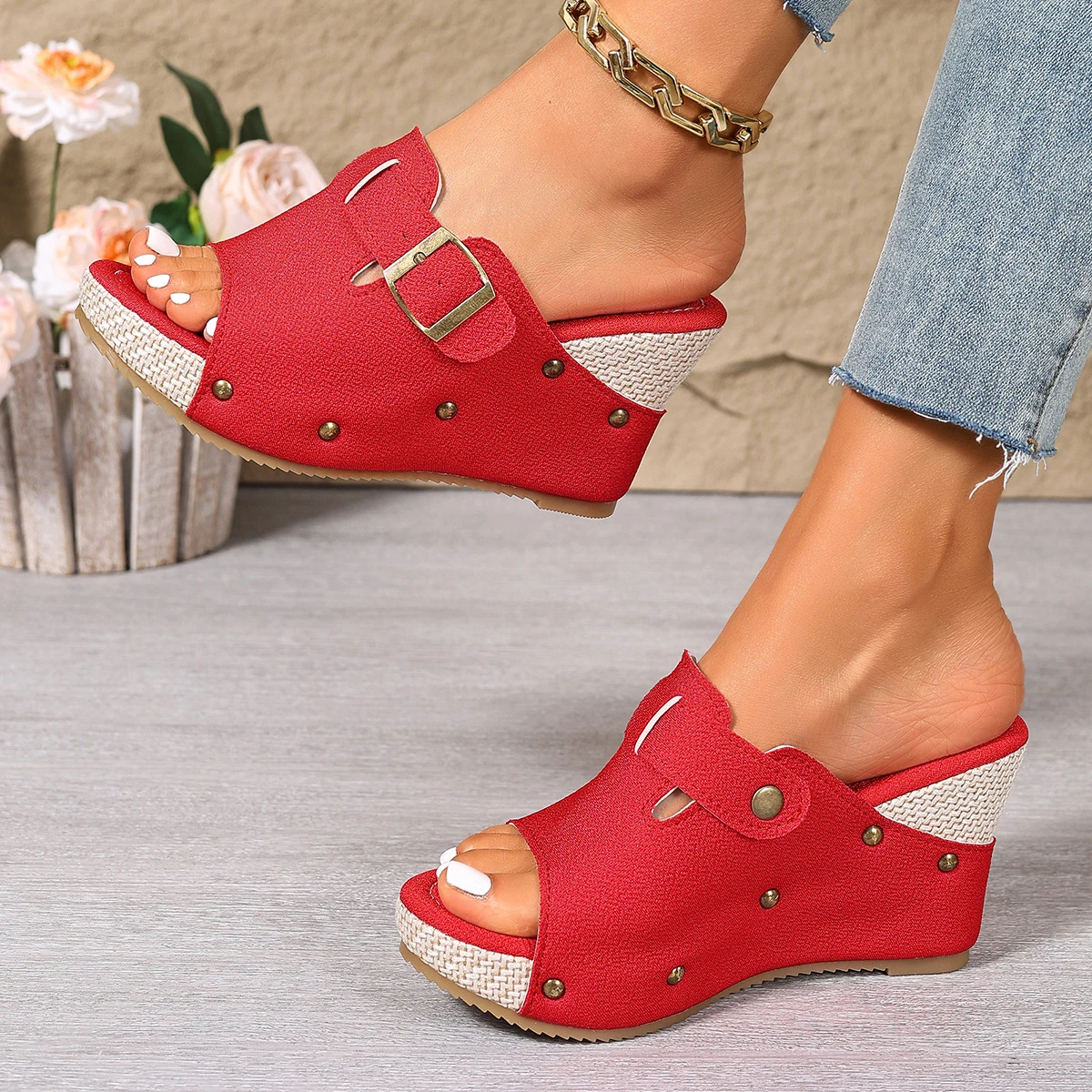 Summer Women's Espadrille Wedge Mules Black White Adjustable Buckle Open Toe Platform Sandals Rivet Decor Casual Slip-On Shoes - view 4