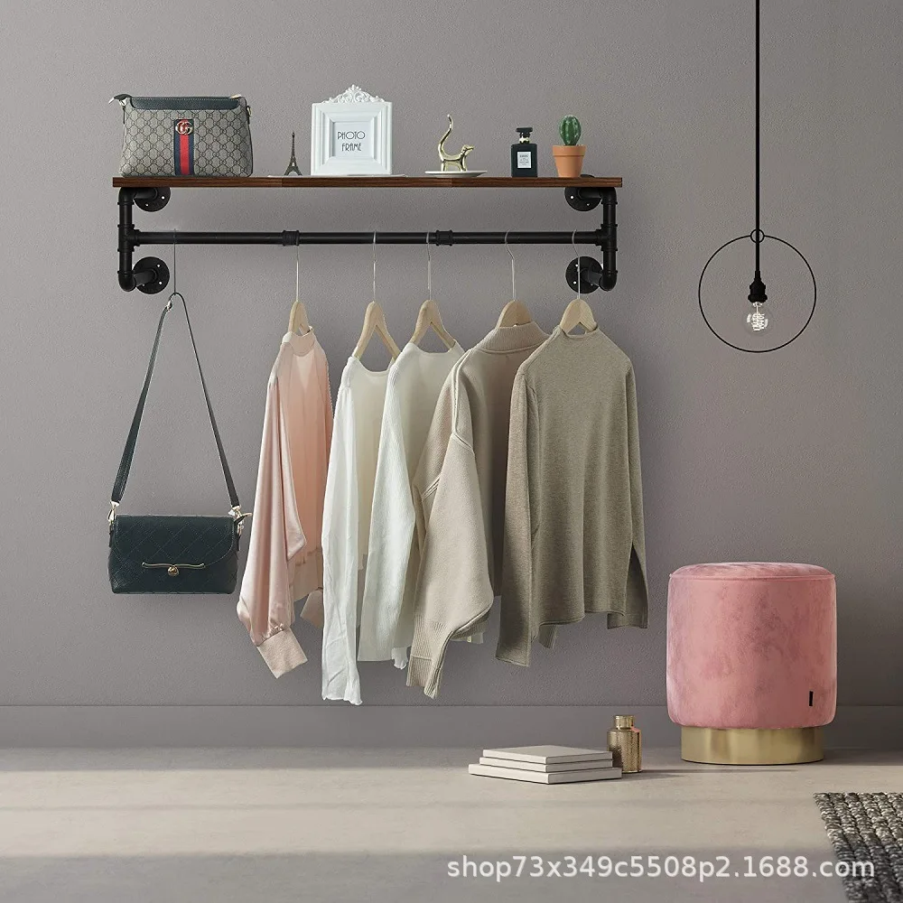 

Industrial water pipe wall-mounted clothing hanger hanger with top rack display hanging one-word shelf wall