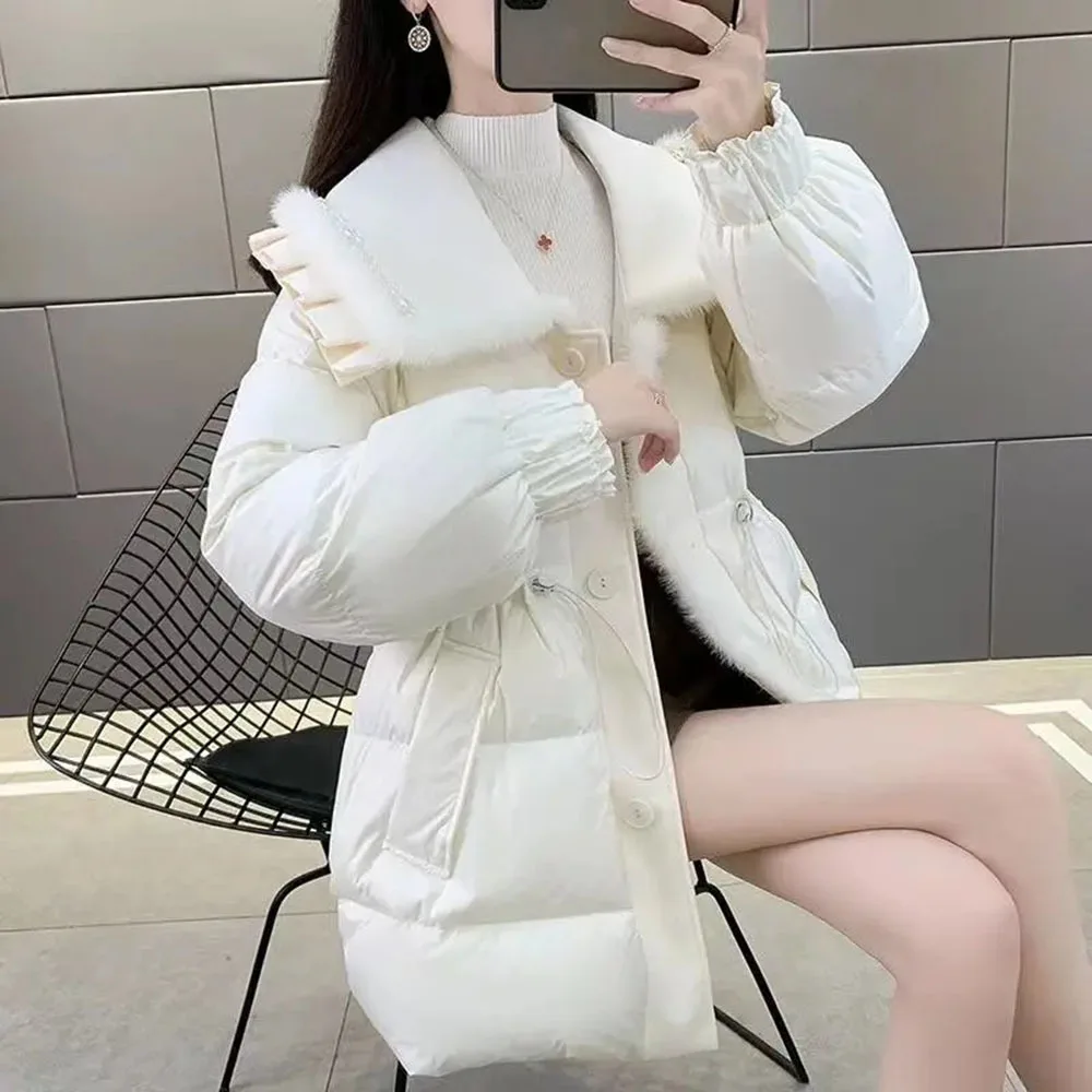 Korean Style Sweet Women\'s Cotton Jacket Ruffle Lapel Single-breasted Pockets Warm Drawstring Female Coats Autumn Winter 2023New