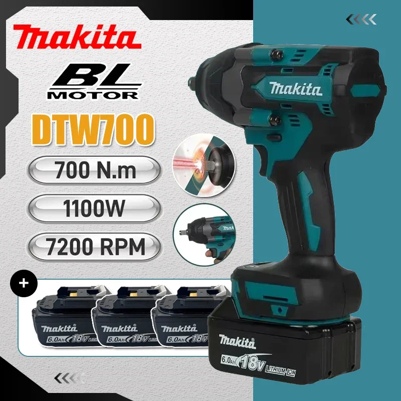 

Аккумуляторный ударный гайковерт Makita DTW700 с высоким крутящим моментом, 18В, бесщеточный, электрический инструмент, дрель-шуруповерт, перезаряжаемый