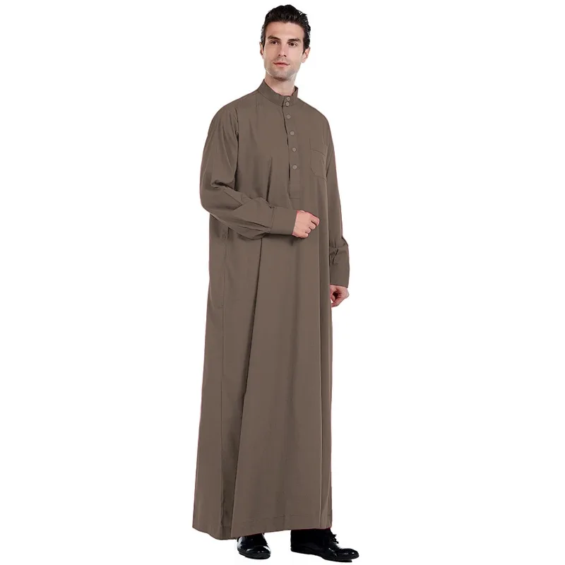 New Men\'s Muslim Robe Islamic Ramadan Juba Kaftan Dishdash Arabian Robe Solid Color Long Sleeve Collar Loose T-shirt Dress Tunic