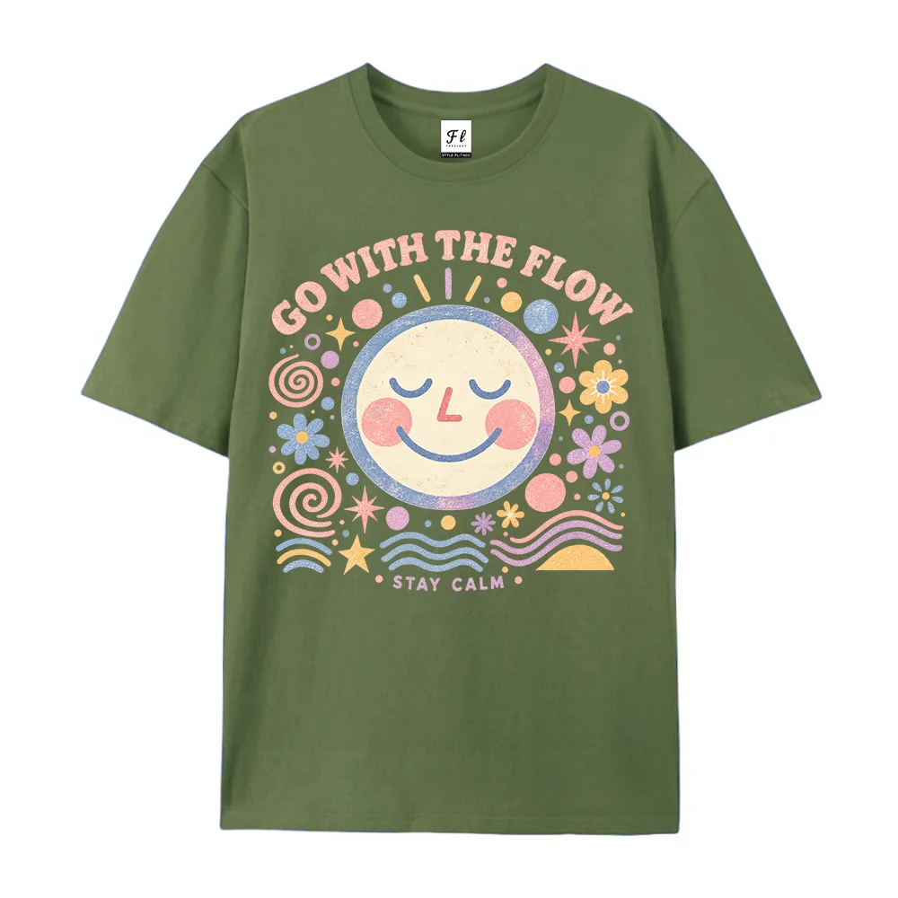 Go With The Flow Graphic Tee For Women Retro Smiley Face Floral Print Short Sleeve Casual Oversized Vintage Stay Summer Tops
