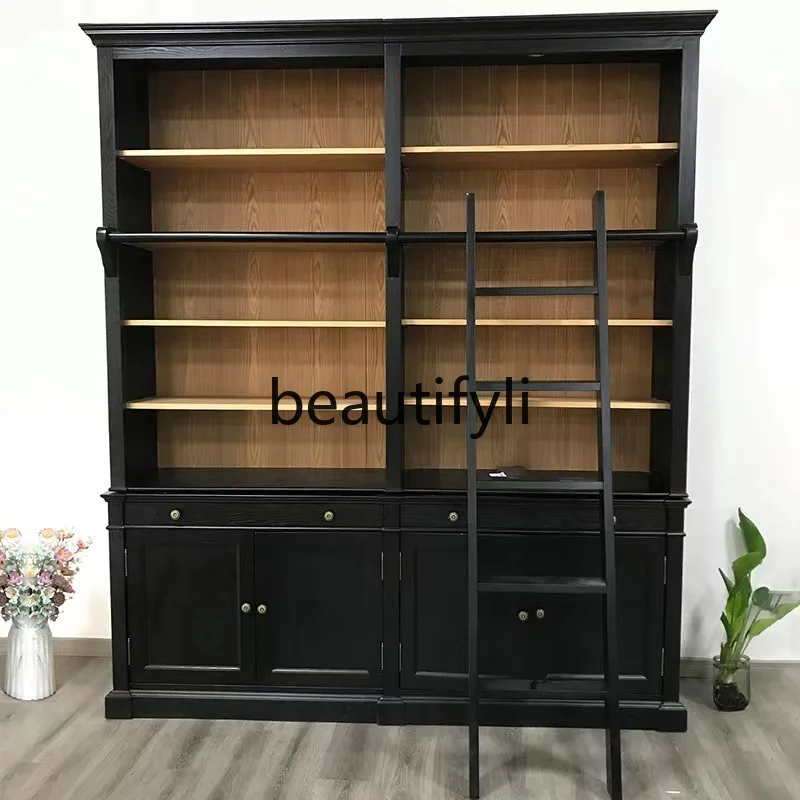 

American Style Bookcase with Ladder Combination European Style Solid Wood Storage Cabinet Nordic Retro Bookshelf Bookcase