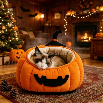 Halloween Pumpkin Cute Large Cat Nest Sofa Winter Pet Tent Cave Bed for Dogs Pet Supplies Kennel Cat House Cozy Cat Cushion Beds 1