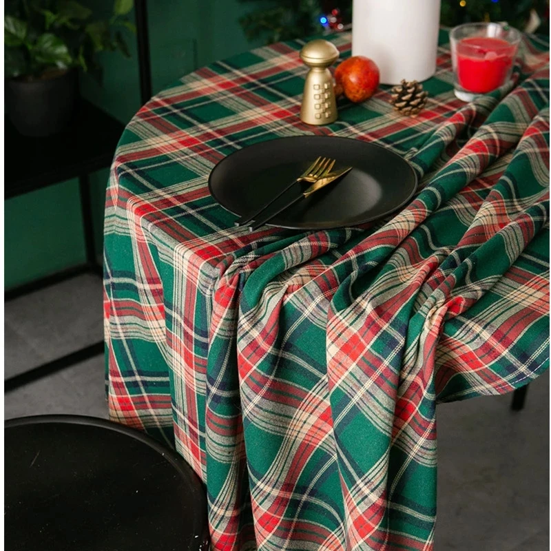 

Retro Tablecloth Nordic Christmas Round American Plaid Coffee Table Cover Cloth Cotton Fabric Printed Party Home