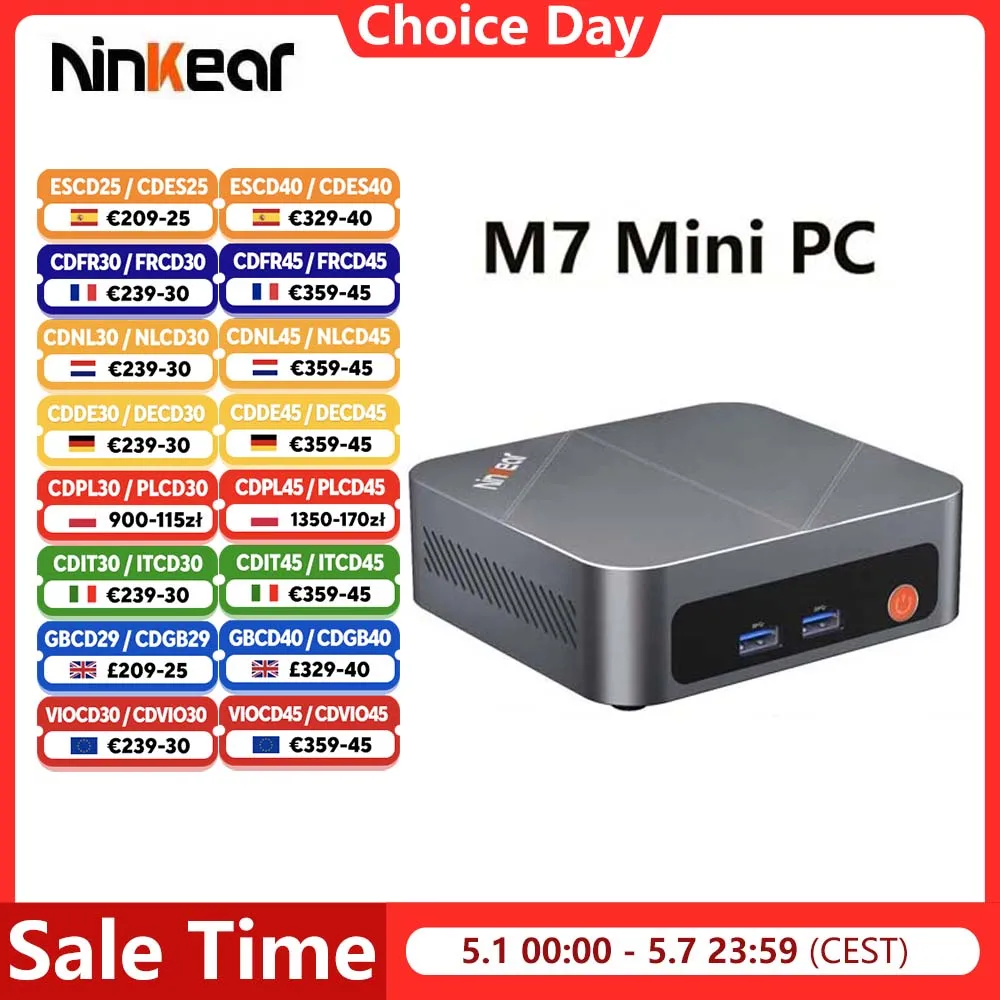 Ninkear M7 Mini PC Mini Komputer AMD Ryzen ™   5 7430U Windows 11 PRO 16GB DDR4 RAM 512GB SSD WIFI6.0 BT5.2 Wyświetlanie na trzech ekranach