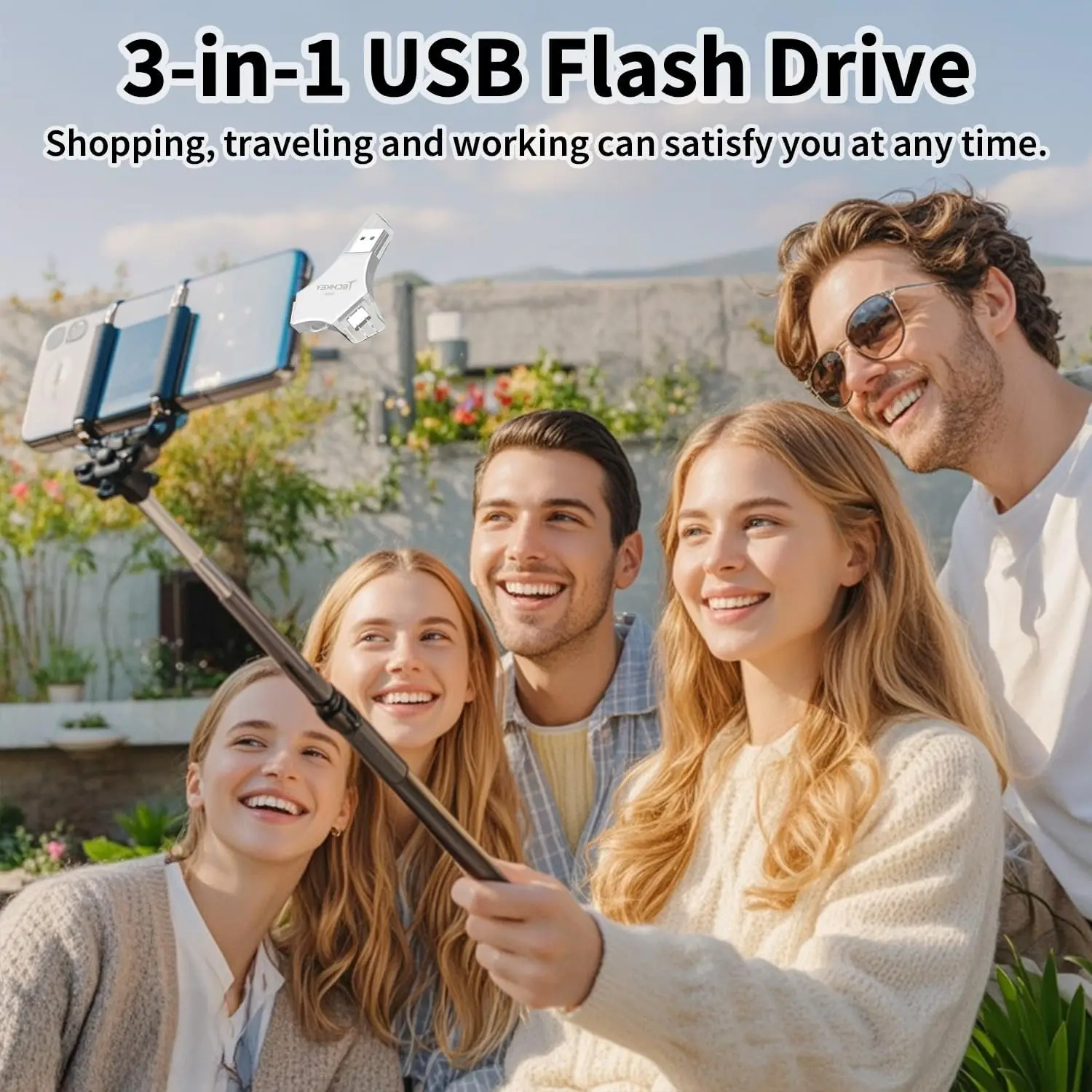 Techkey USB Flash Drive 256GB for iPhone/iPad , 3in1 Silver External Memory Photo Storge Keeper, Type c/USB 3.0/USB C High Speed