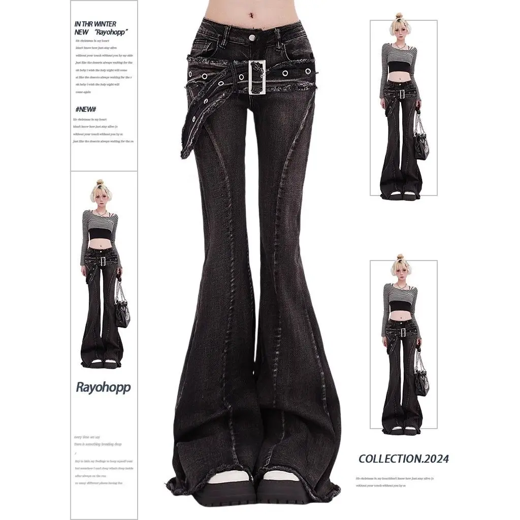 Women Y2K High Waist Vintage Slim Micro Flare Jeans Fashion Splicing Belt Edge American Streetwear Denim Pants