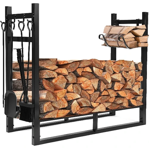33 Inch Firewood Log Rack with Kindling Holder, Shovel Poker Tongs Brush, Powder Coated Steel for Indoor & Outdoor Fireplace