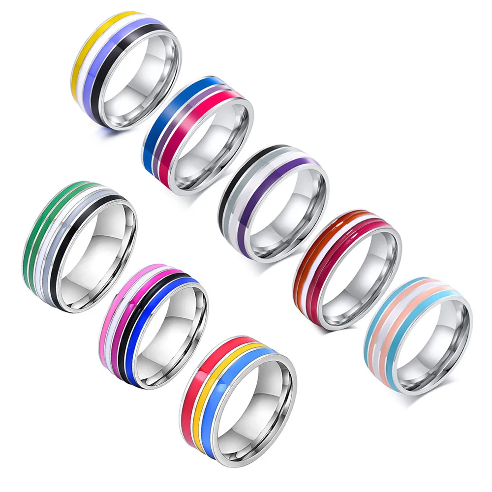 8MM Multicolor Rainbow Ring For Women Men LGBT Lebian Gay Jewelry Titanium Steel Wedding Engagement Rings Gifts Accessory