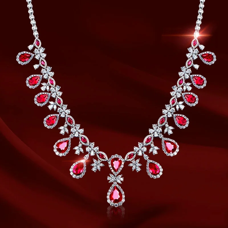 

Luxury Lab Ruby Necklace 925 Silver Round Full Diamond Neckalces Women Delicate Noble Statement Jewelry Trendy Engagement Gift