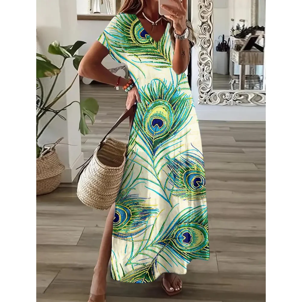 

Fashions Peacock Feather Women's Dresses Colorful Printed Summer Short Sleeves Slit Dress Loose Holidays Oversize Clothing New