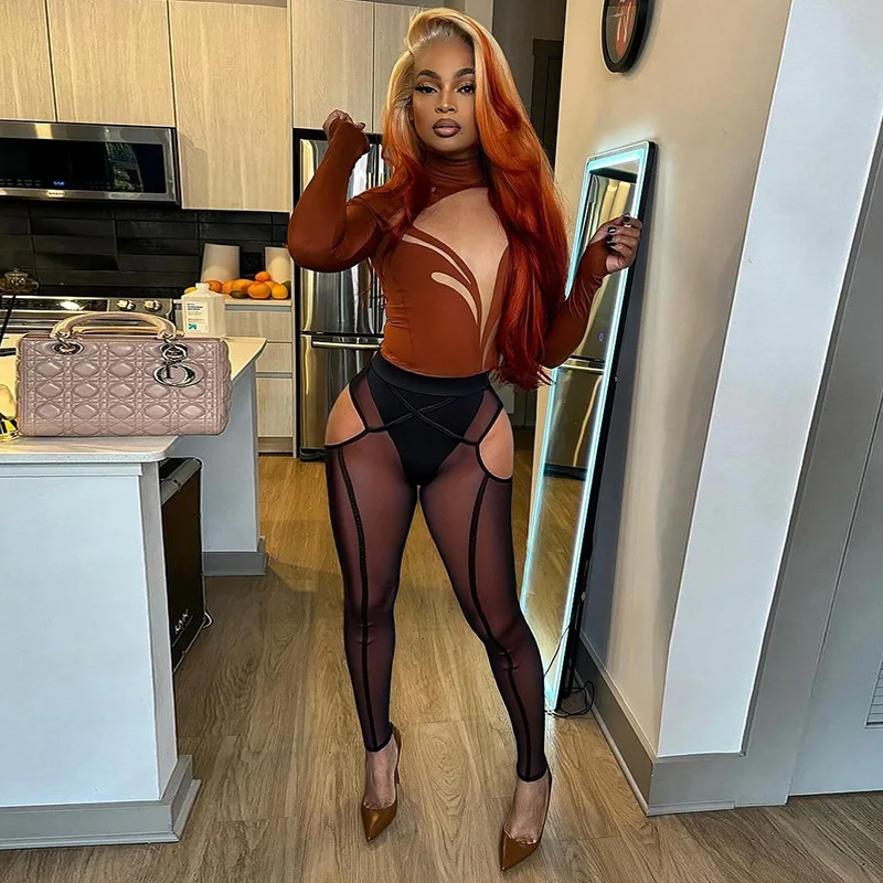

Patchwork See Through Mesh Cross Skinny Leggings Women Sexy Hollow Out Peach Hips Tight Pants Fashion Sexy Clubwear Trousers