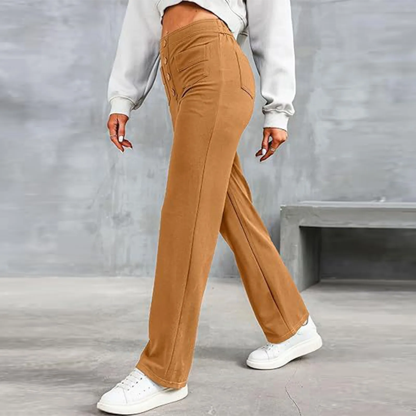 Multiple Pockets Womens Casual Straight Leg Pants With High Waist Button Elastic Business Work Pants Ladies Cargo Pants Trousers