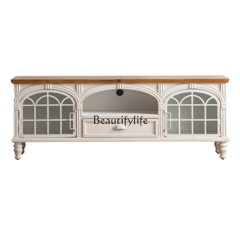 

American retro old TV cabinet, living room storage small apartment, European white simple wall low cabinet