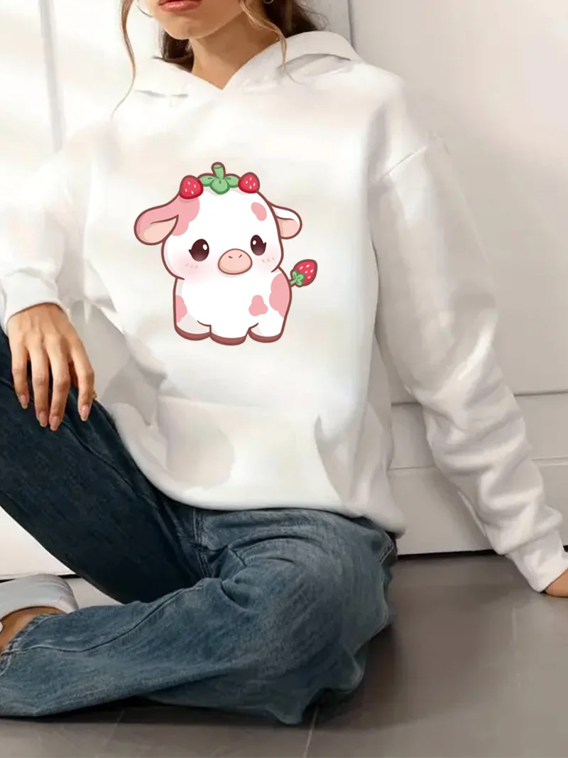 Strawberry Cow Funny Cows Print Hoodies Hip Hop Streetwear Kawaii Women Sweatshirts Spring Autumn Women Pullovers Hoodie