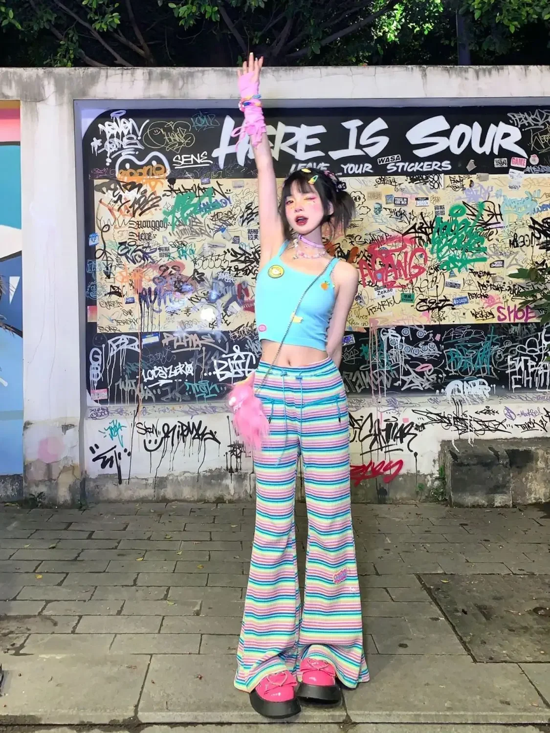 Giurls Sets Y2K Loose Simple T-shirt Rainbow Stripe Wide Leg Pants Elastic Waist 2 Piece Set