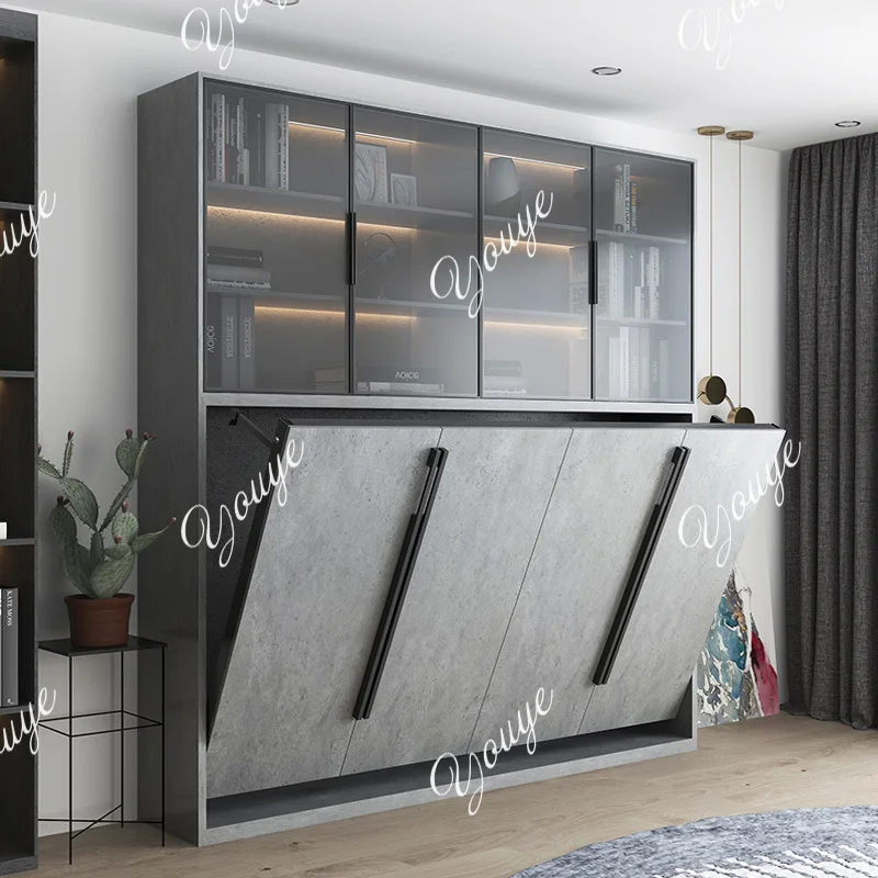 

Customized Wall Bed Minimalist Light Luxury Bookcase Combination Reinforced Four Keel Automatic Invisible Bed Rollover Multifunc