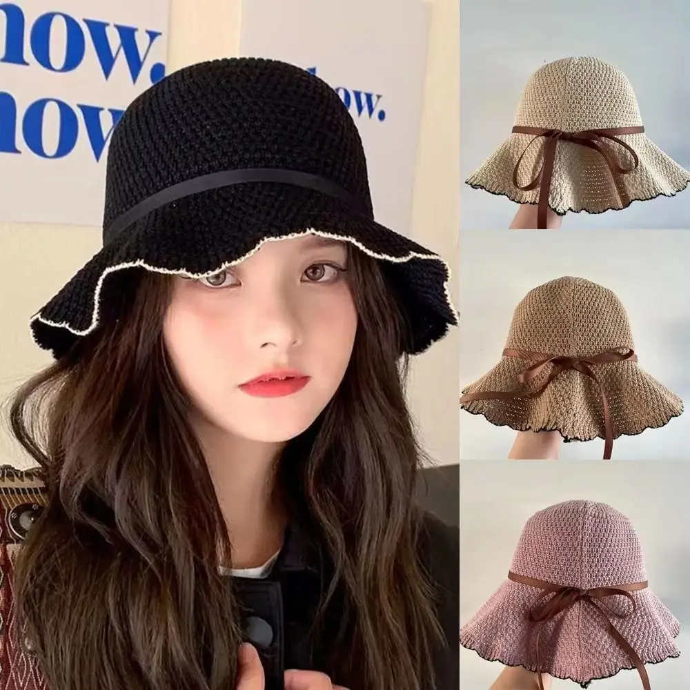 

UV Protection Crochet Bucket Hat Breathable Foldable Knit Fisherman Hat Hollow Ruffle Brim Summer Sunshade Visors Outdoor