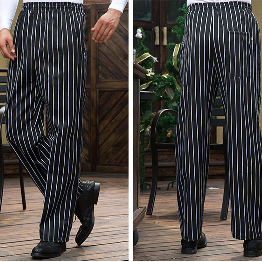 Koksbroek Heren Baggy Cook Pant Ober Werkuniform Slijtvast Katoen Gestreepte Koken Kleding voor L Zwart Witte Strepen
