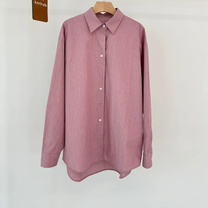 

High-density Cotton Textured Fabric Light Pink Long Sleeve Loose Shirt Women Tops