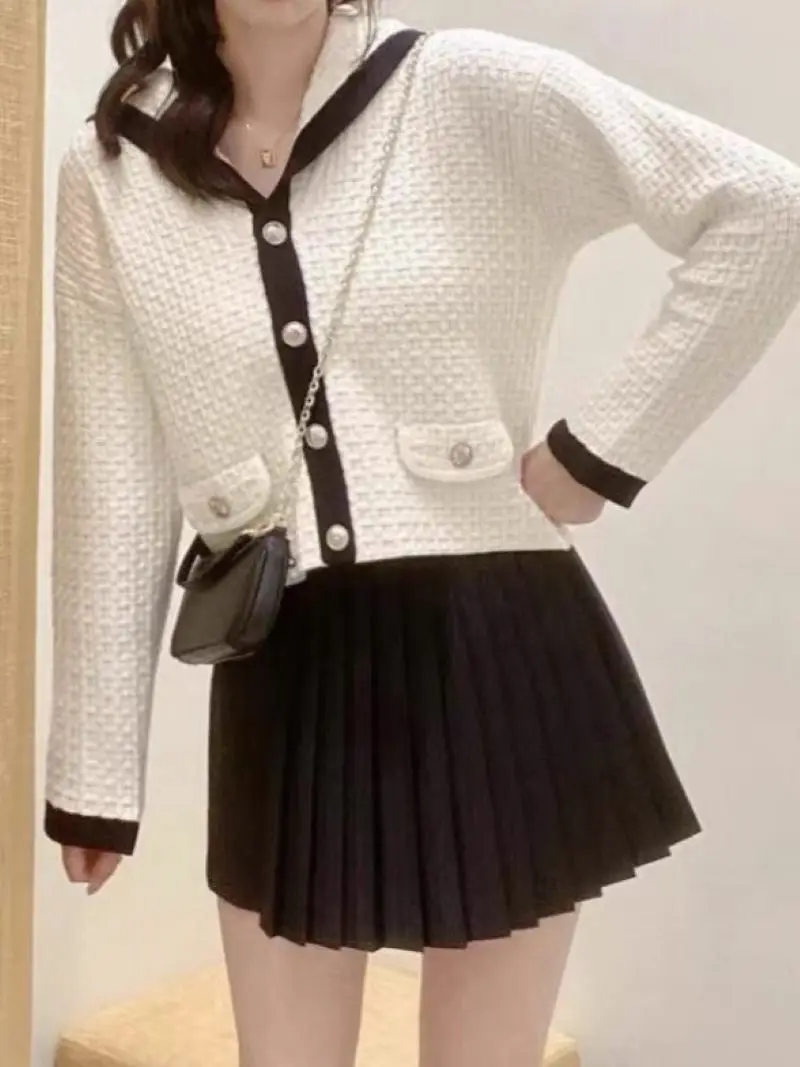 

Women Sailor Collar Cardigan Color Contrast Single Breasted Long Sleeve Loose Autumn 2024 Knitted Sweater