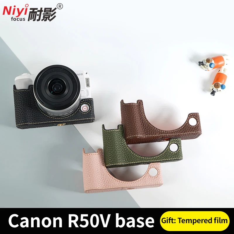for Canon R50V Camera Bag Protective Case Lychee Pattern Leather Case Camera Bag Bottom Battery Opening
